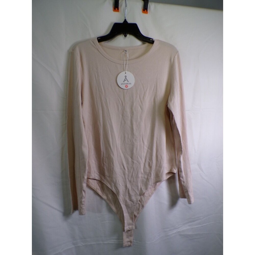 Anrabess Women's Long Sleeve Ribbed Bodysuit 2XL Light Pink Nude